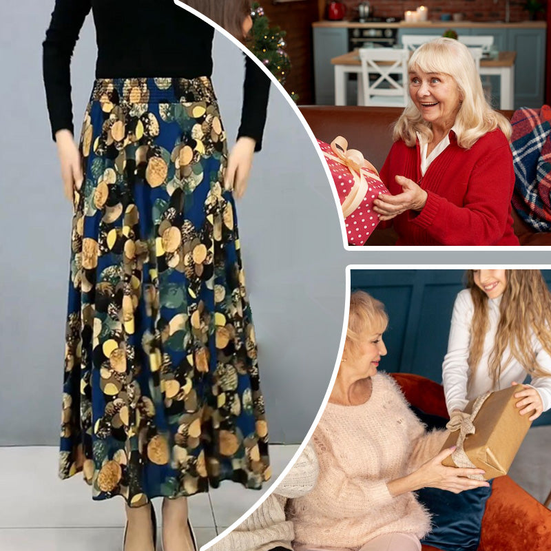 Women's Fashion High Waist Floral Pleated Long Skirt