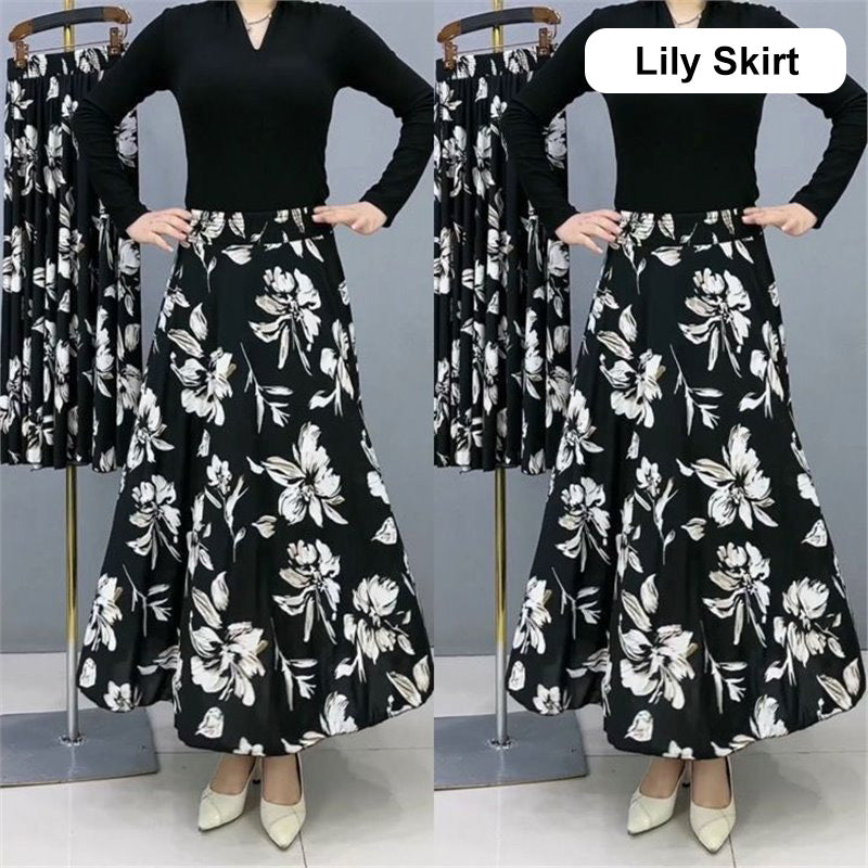 Women's Fashion High Waist Floral Pleated Long Skirt