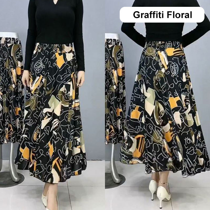 Women's Fashion High Waist Floral Pleated Long Skirt