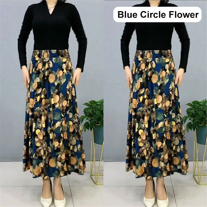 Women's Fashion High Waist Floral Pleated Long Skirt
