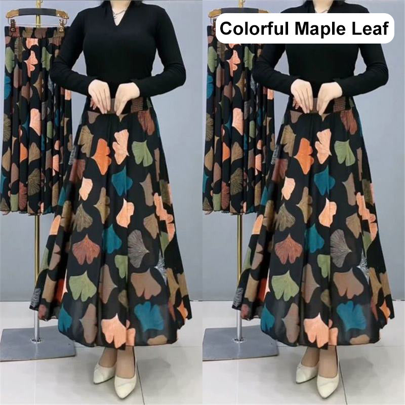 Women's Fashion High Waist Floral Pleated Long Skirt