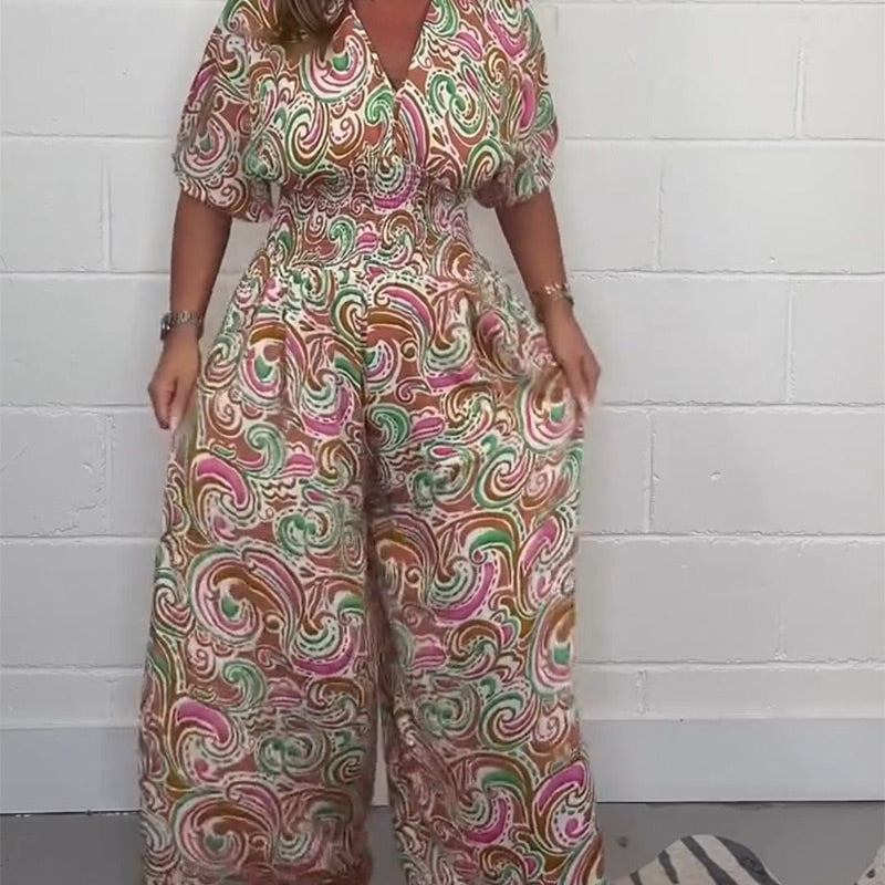 🌸Spring Specials🌸Women's V-Neck Printed Short-Sleeve Jumpsuits