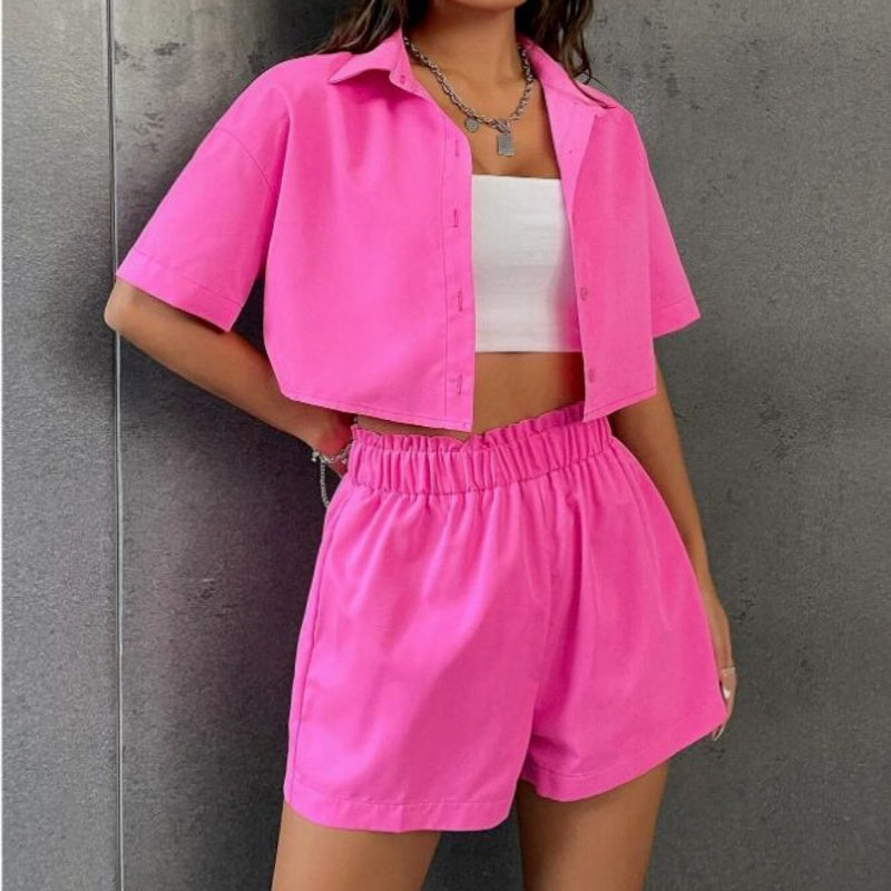 Women's Cropped Button-Down Shirt & Shorts Set