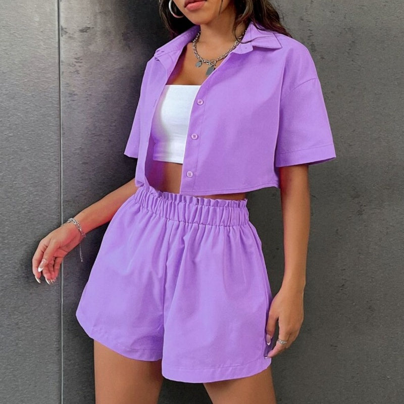 Women's Cropped Button-Down Shirt & Shorts Set