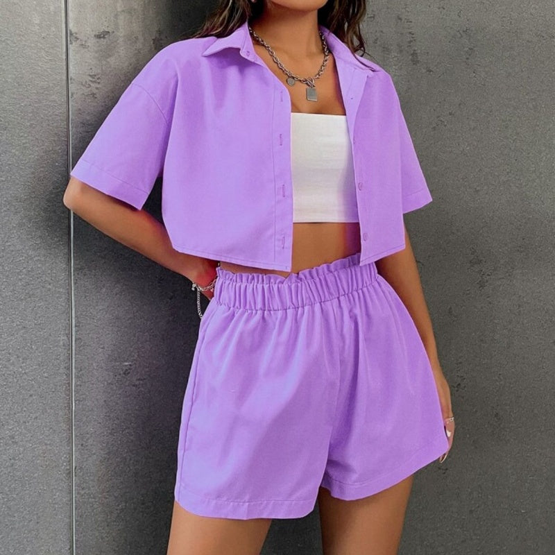 Women's Cropped Button-Down Shirt & Shorts Set