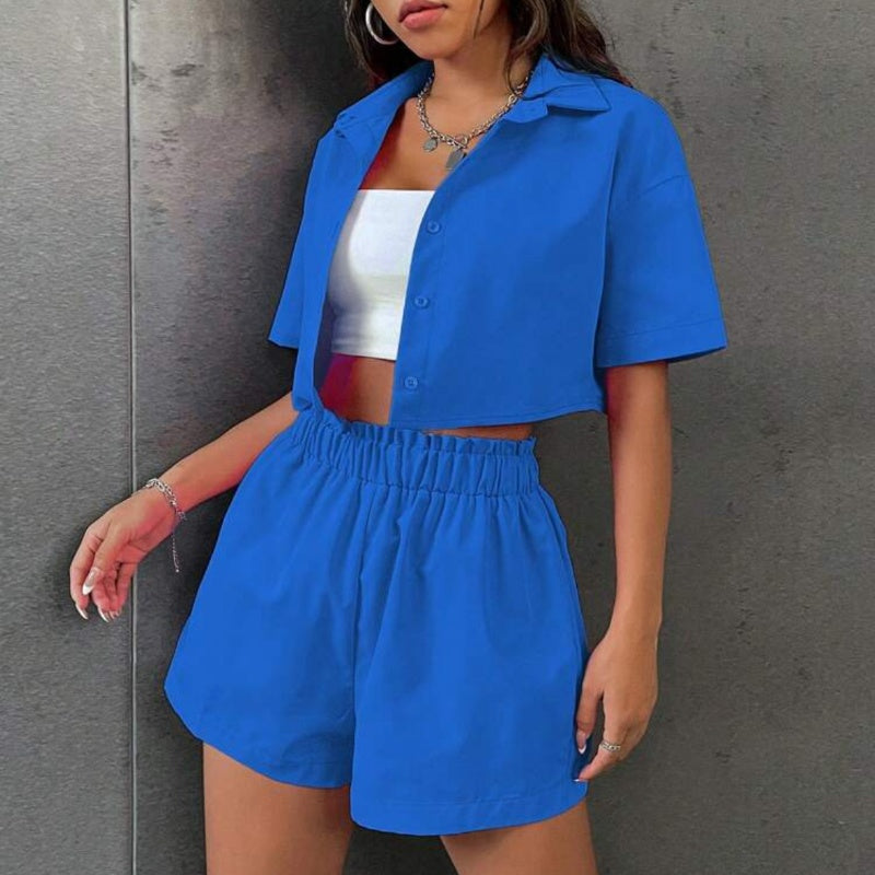 Women's Cropped Button-Down Shirt & Shorts Set