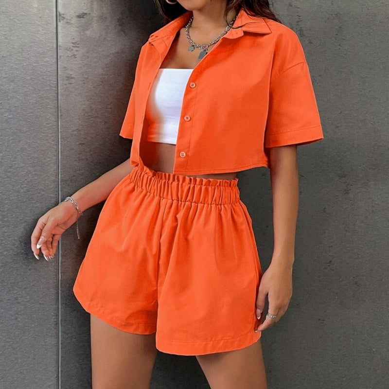 Women's Cropped Button-Down Shirt & Shorts Set