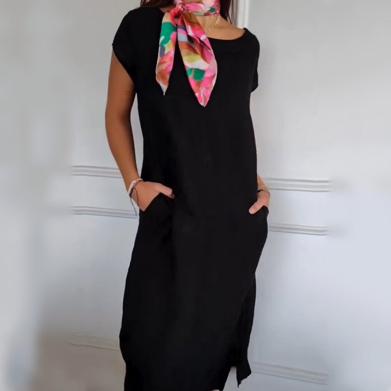 🏖️Summer Hot Sale 50% OFF🌼Women's Round Neck Short Sleeve Cotton Linen Dress