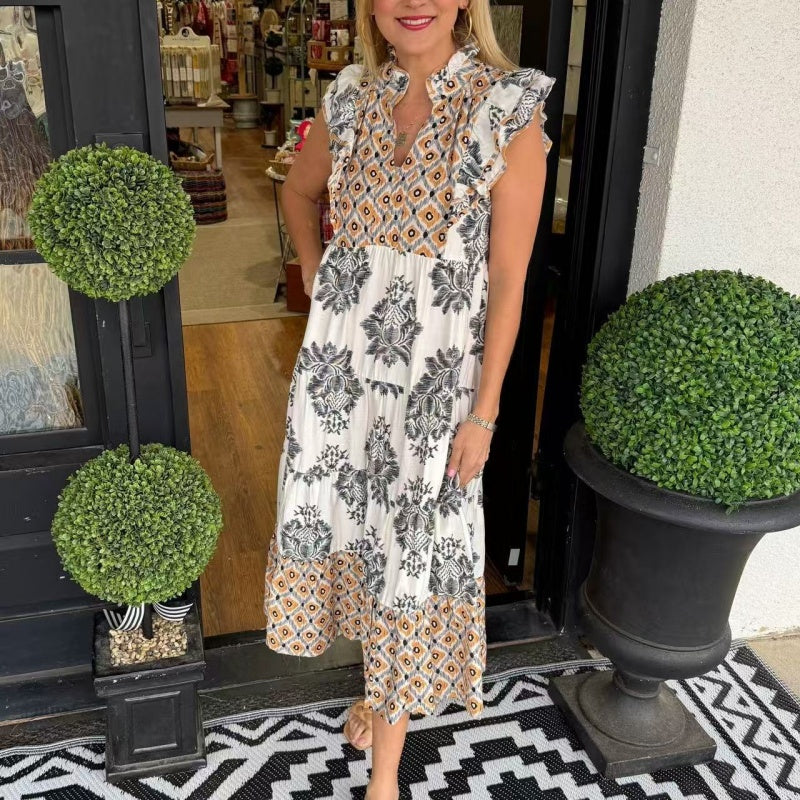 🏖️Summer Hot Sale 49% OFF🌼Women's Elegant Printed Ruffle Sleeveless Dress