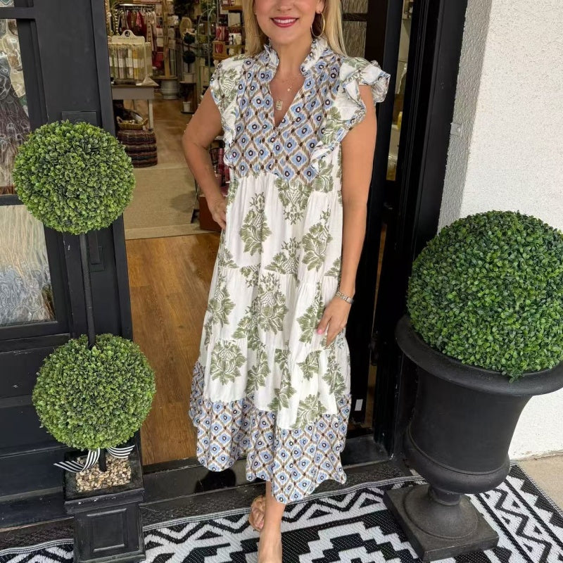 🏖️Summer Hot Sale 49% OFF🌼Women's Elegant Printed Ruffle Sleeveless Dress