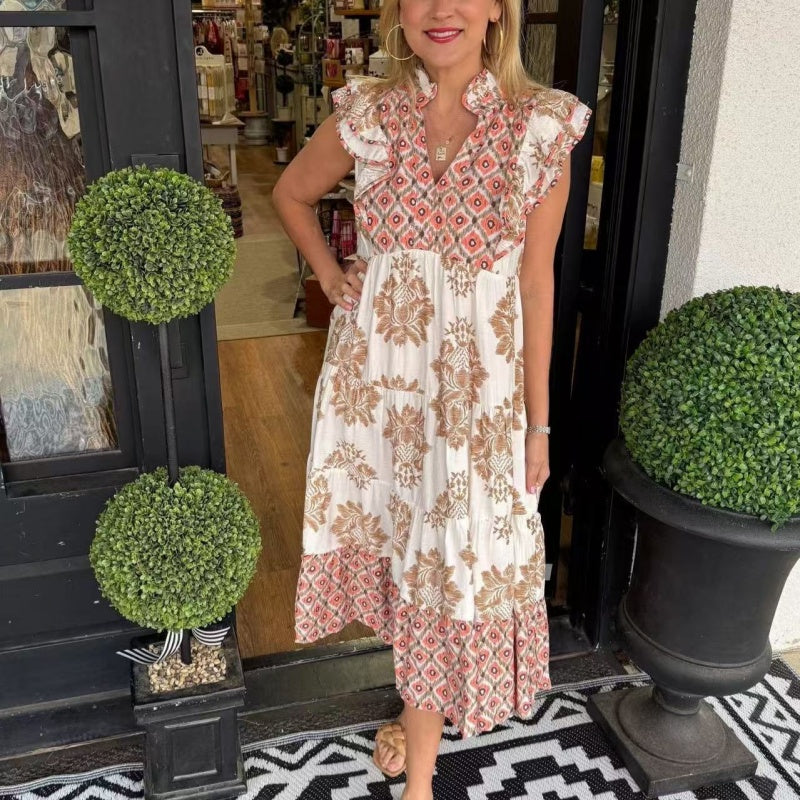 🏖️Summer Hot Sale 49% OFF🌼Women's Elegant Printed Ruffle Sleeveless Dress