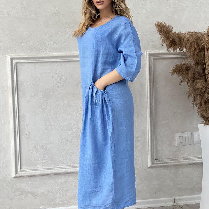 Women's Solid Color Loose Round Neck Midi Dress