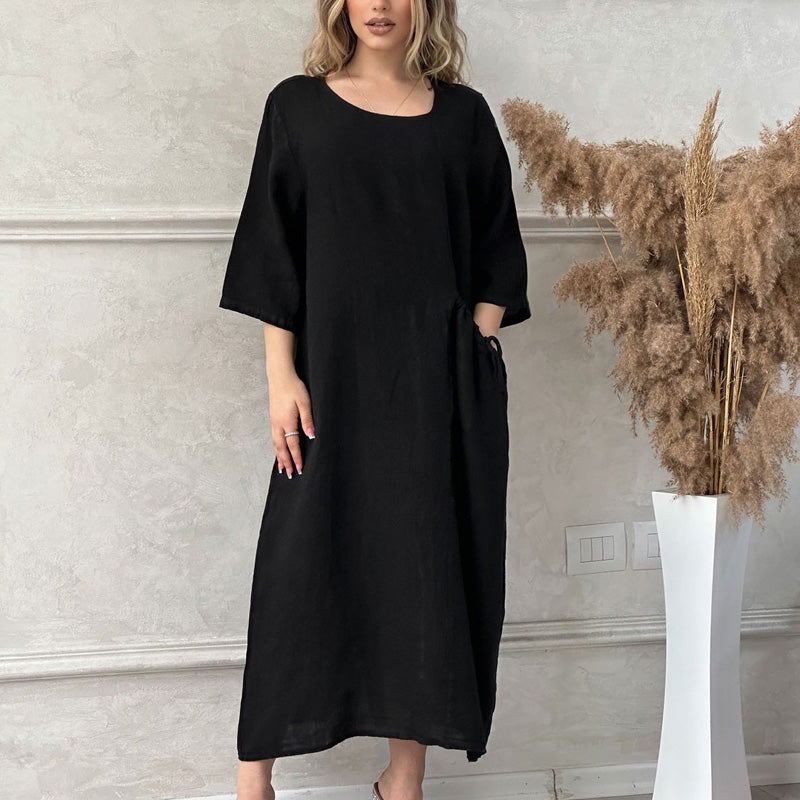 Women's Solid Color Loose Round Neck Midi Dress