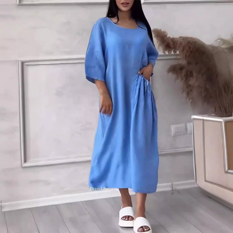 Women's Solid Color Loose Round Neck Midi Dress