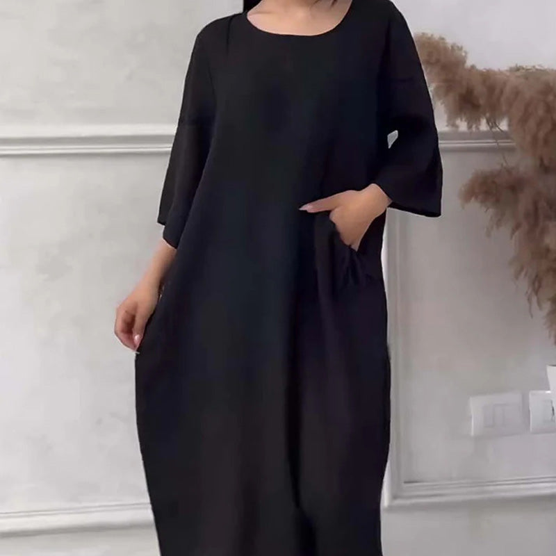 Women's Solid Color Loose Round Neck Midi Dress