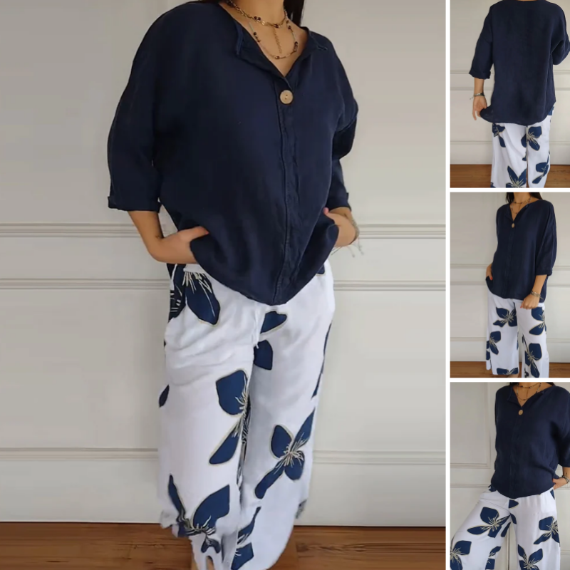 Women's Crew Neck Tops & Printed Trousers Set