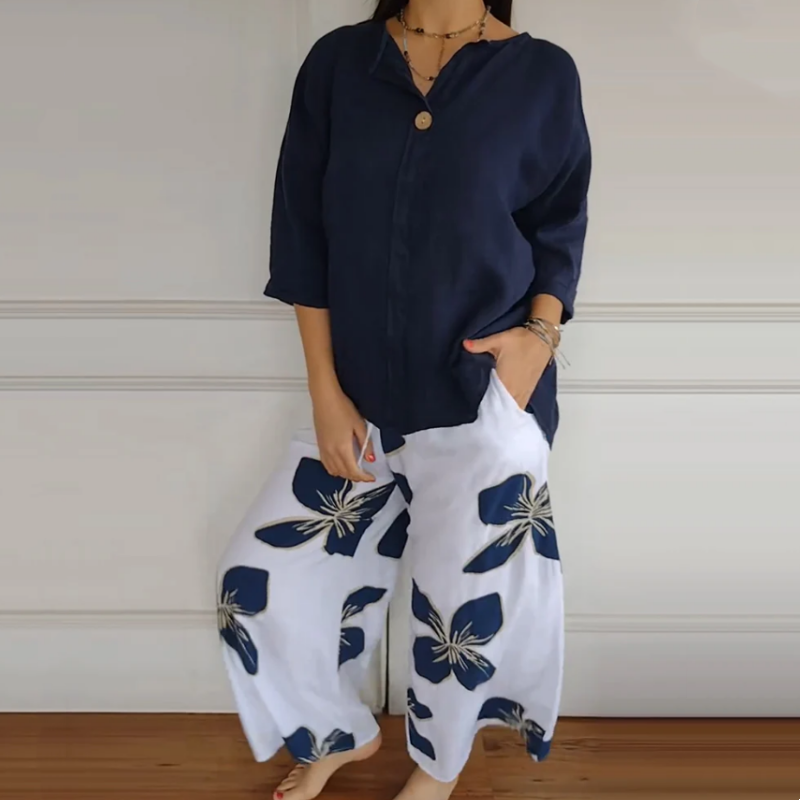 Women's Crew Neck Tops & Printed Trousers Set