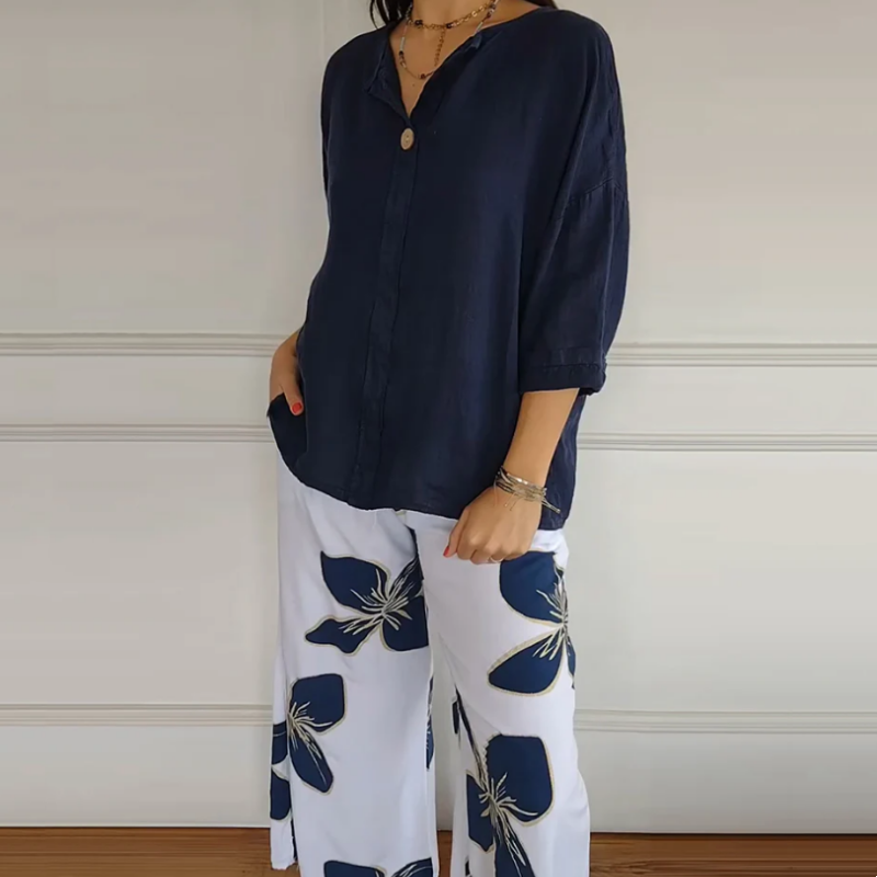 Women's Crew Neck Tops & Printed Trousers Set