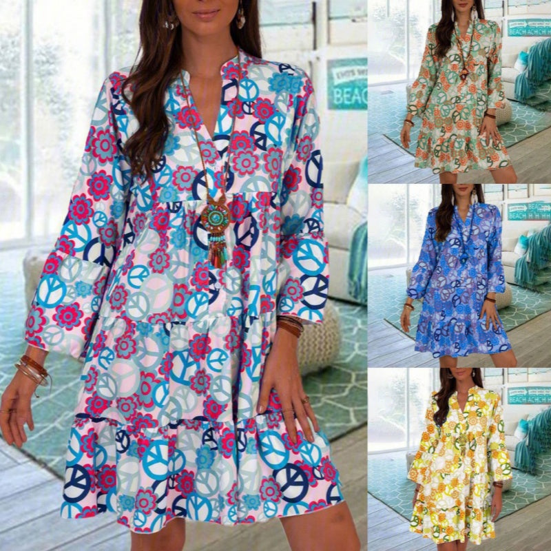 Floral Print V-Neck 3/4 Sleeve Casual Beach Dress