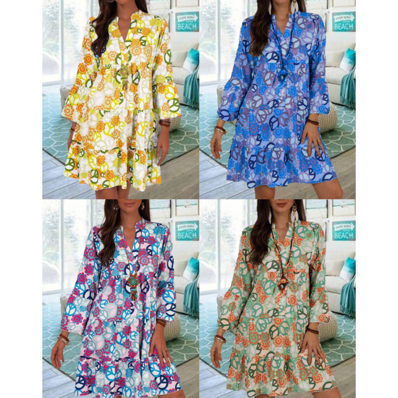 Floral Print V-Neck 3/4 Sleeve Casual Beach Dress
