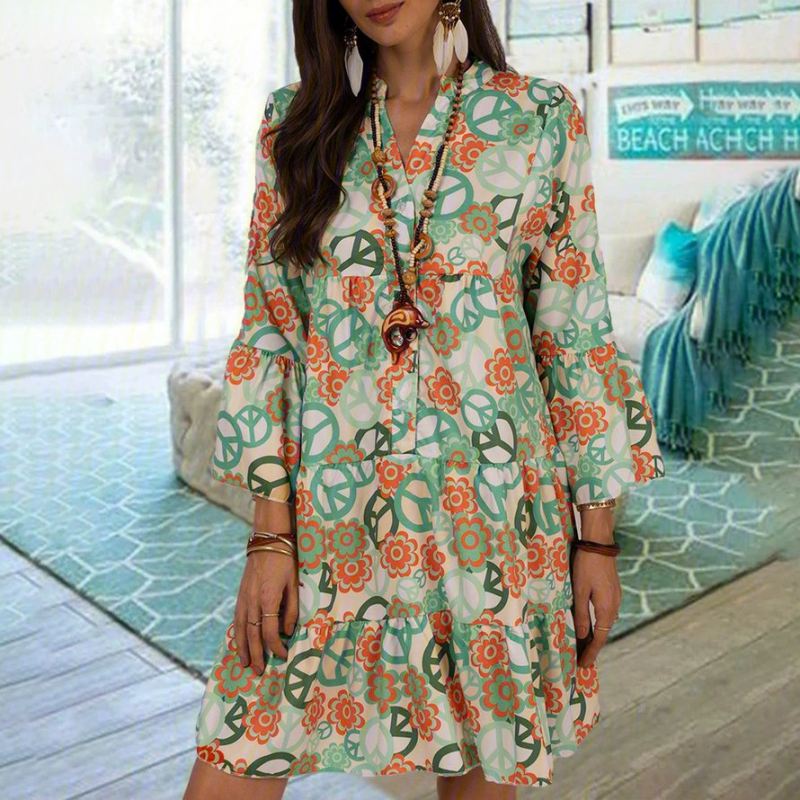 Floral Print V-Neck 3/4 Sleeve Casual Beach Dress