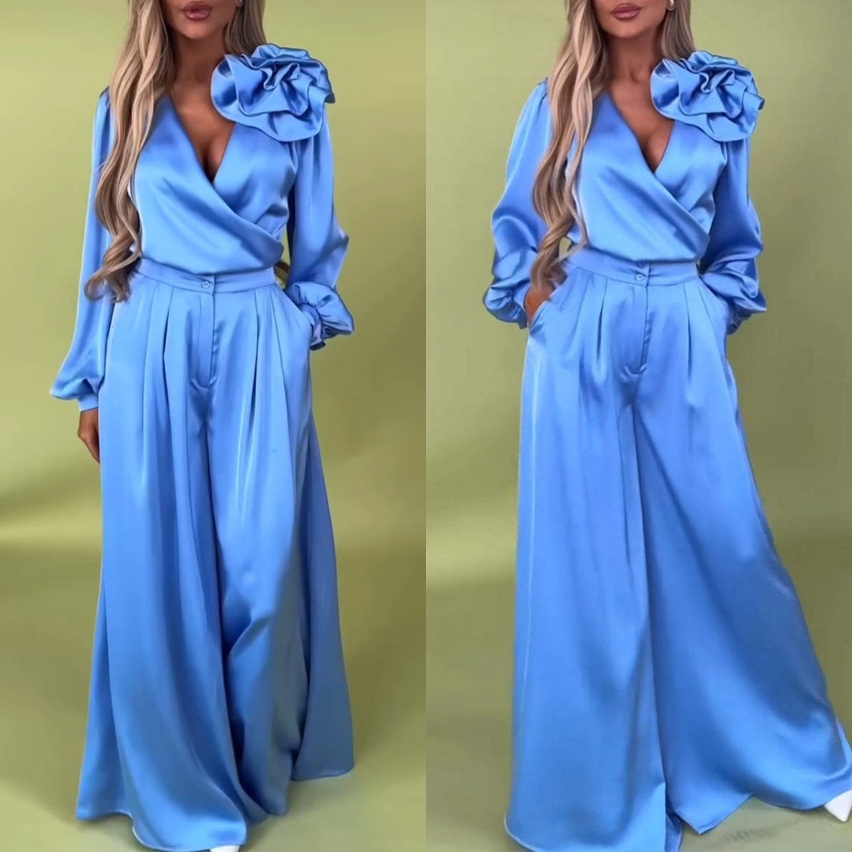 Women's V-Neck Top & Wide-Leg Pants 2-Piece Set
