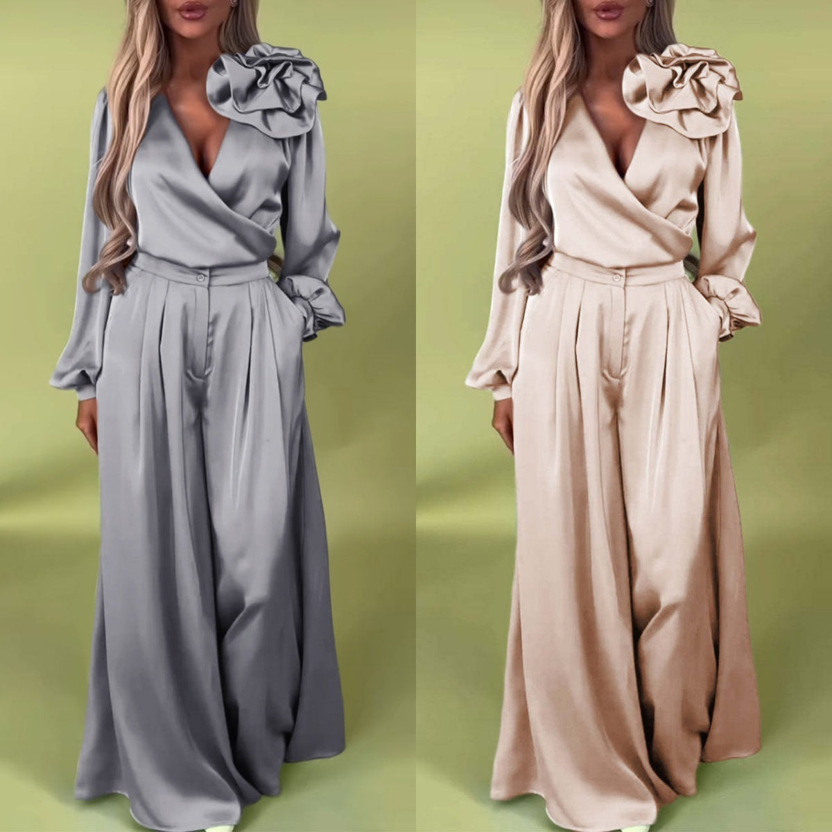 Women's V-Neck Top & Wide-Leg Pants 2-Piece Set