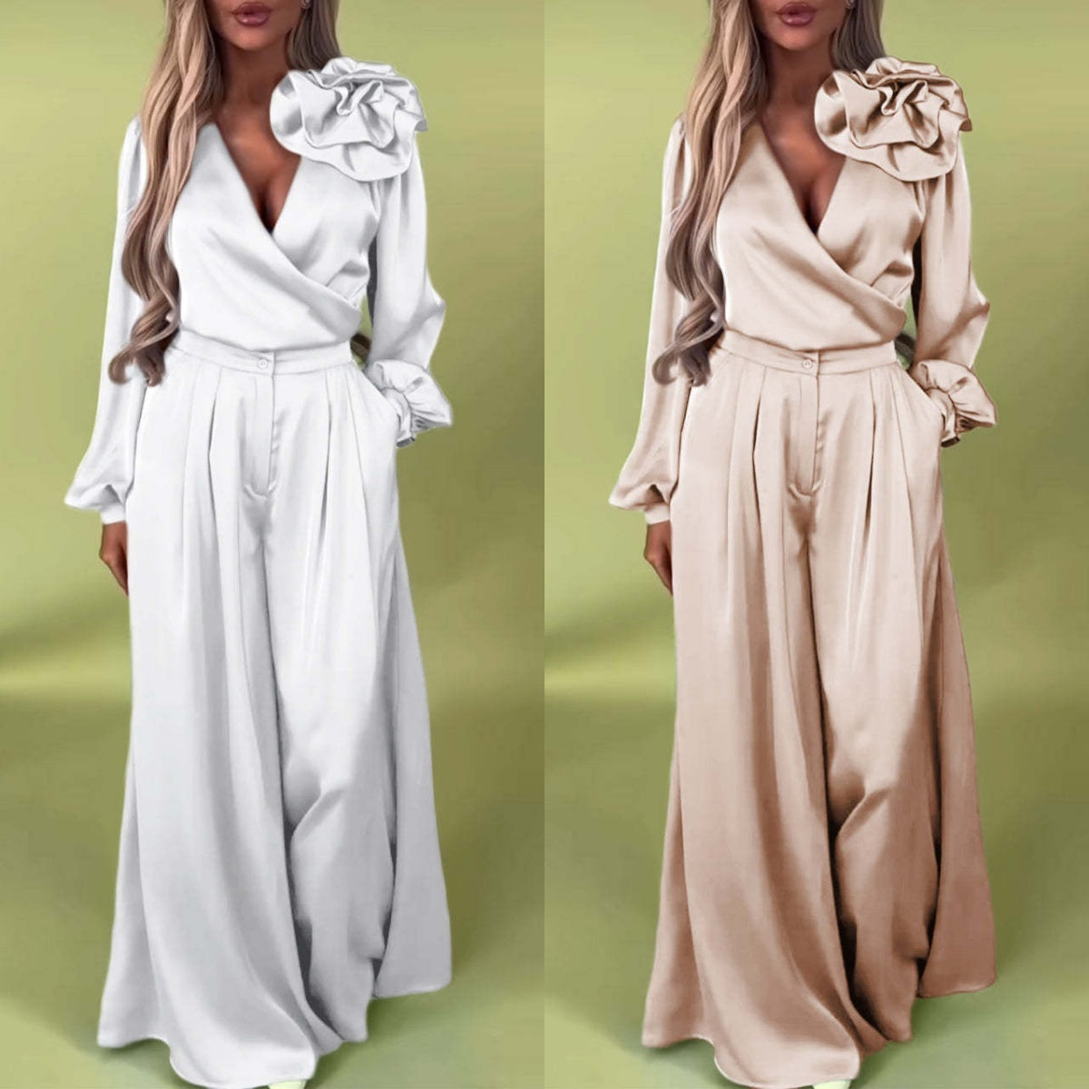 Women's V-Neck Top & Wide-Leg Pants 2-Piece Set