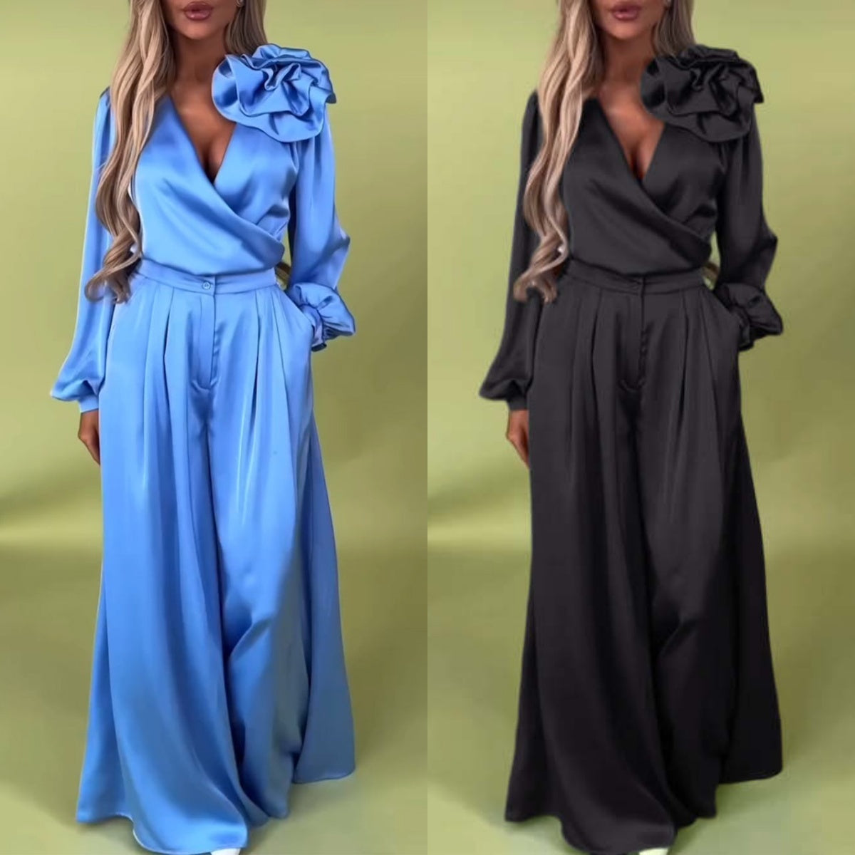 Women's V-Neck Top & Wide-Leg Pants 2-Piece Set