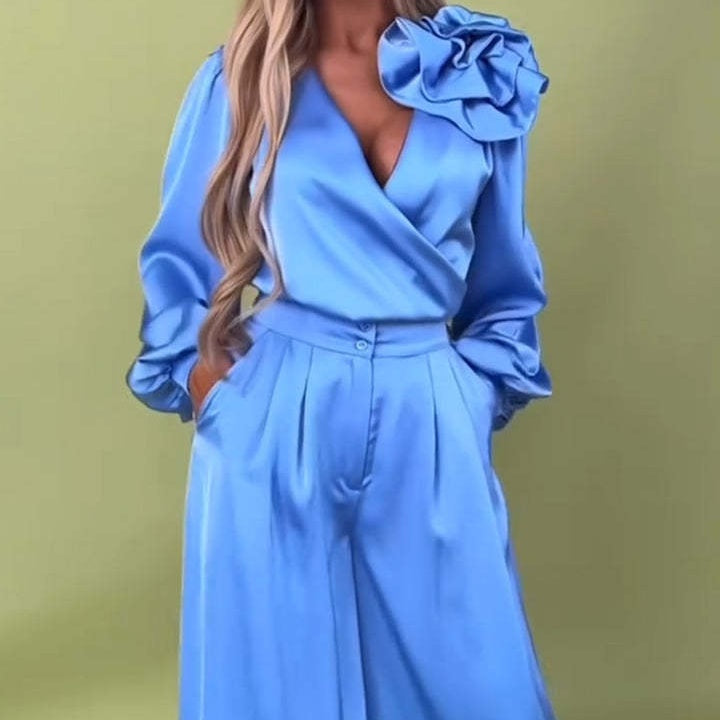 Women's V-Neck Top & Wide-Leg Pants 2-Piece Set