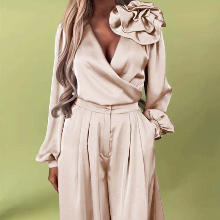 Women's V-Neck Top & Wide-Leg Pants 2-Piece Set