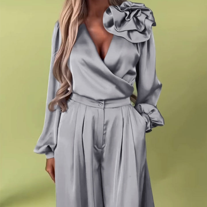 Women's V-Neck Top & Wide-Leg Pants 2-Piece Set