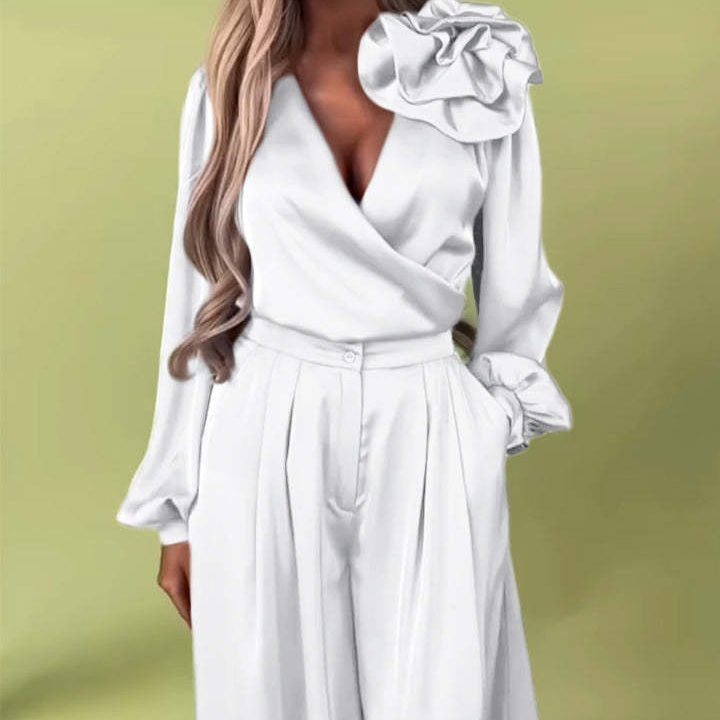 Women's V-Neck Top & Wide-Leg Pants 2-Piece Set