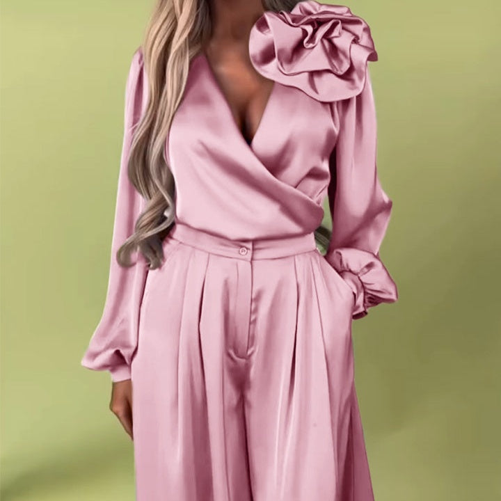 Women's V-Neck Top & Wide-Leg Pants 2-Piece Set