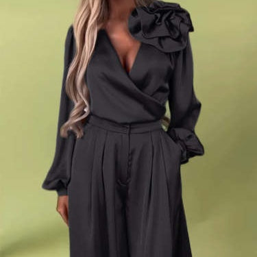 Women's V-Neck Top & Wide-Leg Pants 2-Piece Set