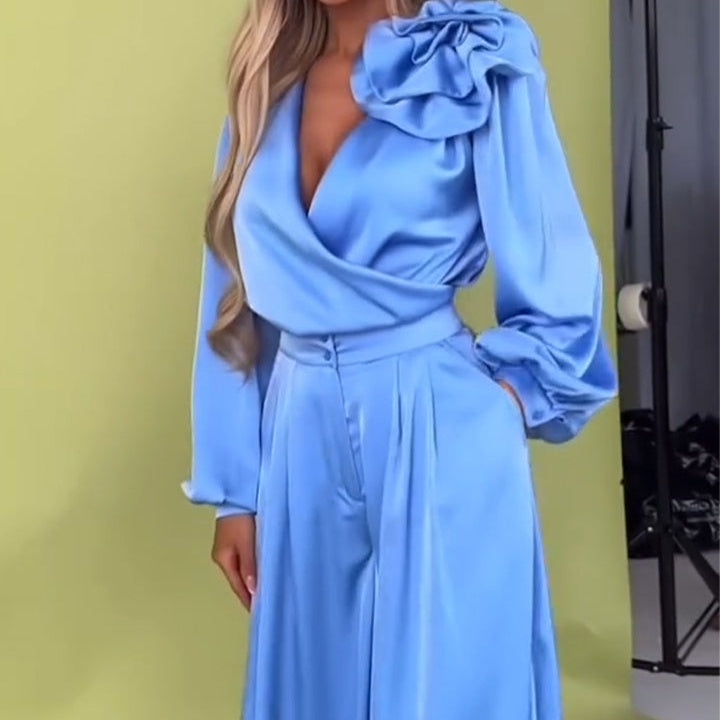 Women's V-Neck Top & Wide-Leg Pants 2-Piece Set