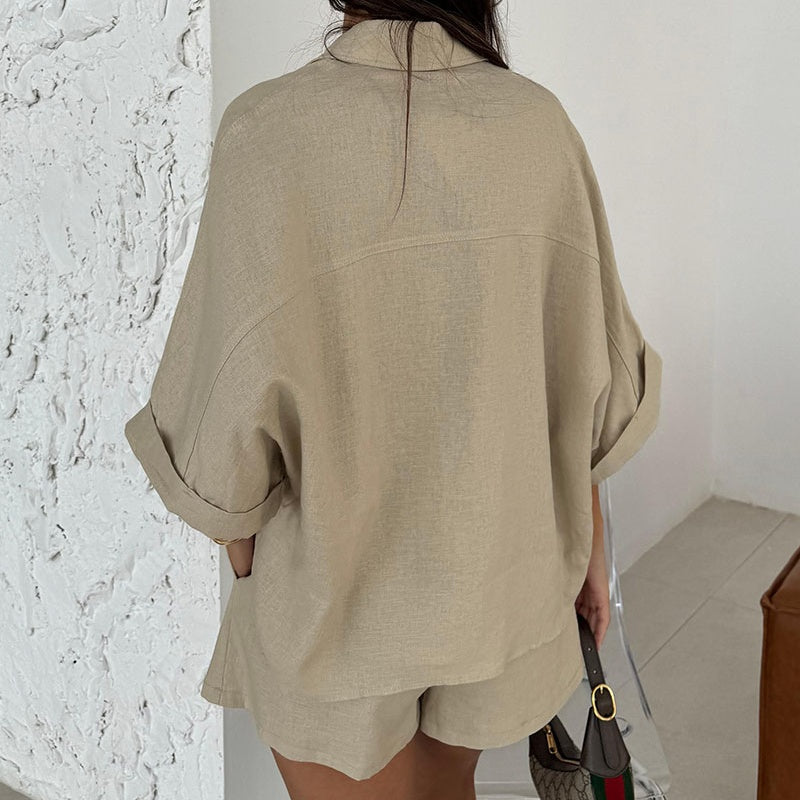 Women's Casual Lapel Top & High-Waisted Shorts Set
