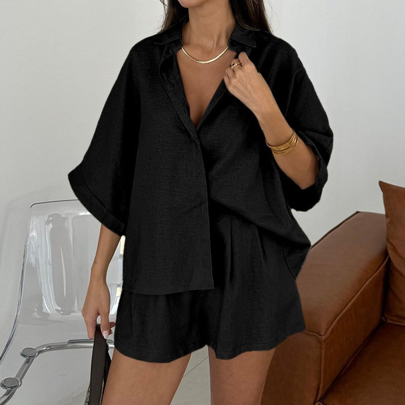Women's Casual Lapel Top & High-Waisted Shorts Set