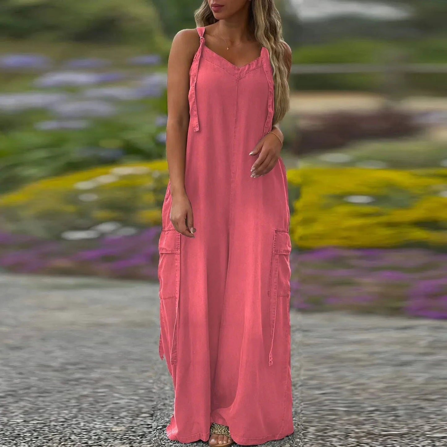Women's Loose Wide-Leg Jumpsuit with Pockets
