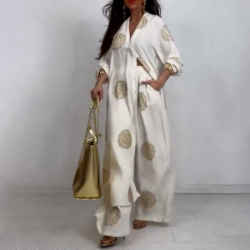 Women's Loose V-Neck Top & Printed Wide Leg Pants Two Piece SetšŗBUY 2 GET FREE SHIPPING