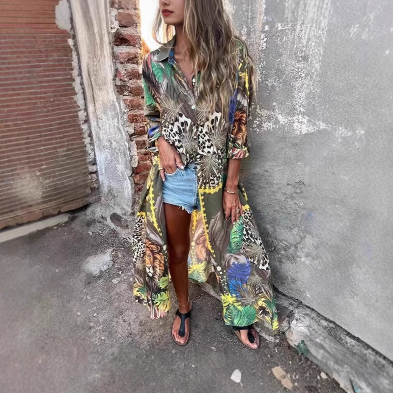 Printed Long Sleeve Lapel Open-Front Dress