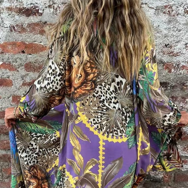 Printed Long Sleeve Lapel Open-Front Dress