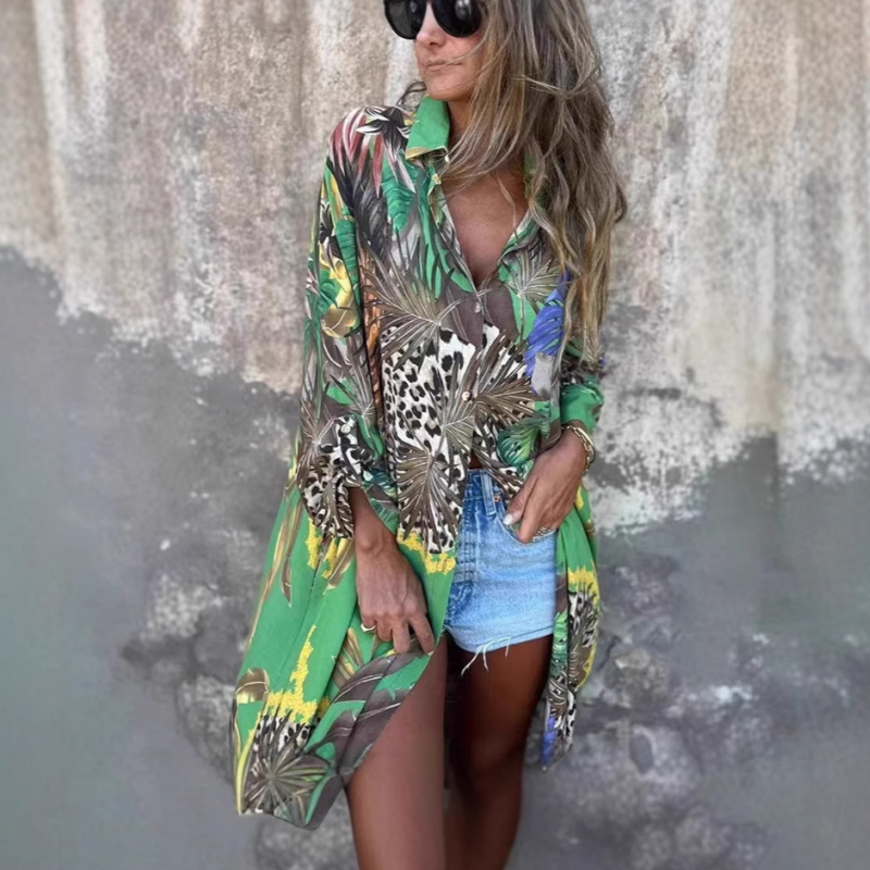 Printed Long Sleeve Lapel Open-Front Dress