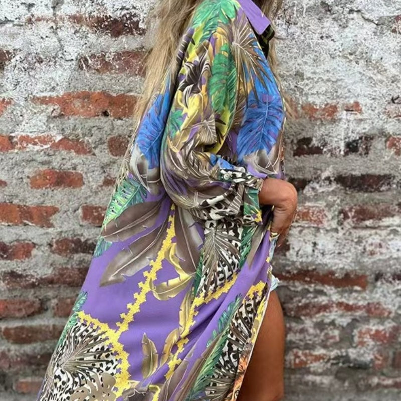 Printed Long Sleeve Lapel Open-Front Dress