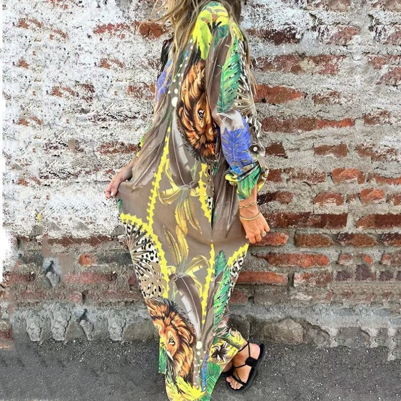 Printed Long Sleeve Lapel Open-Front Dress