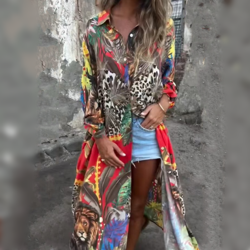 Printed Long Sleeve Lapel Open-Front Dress