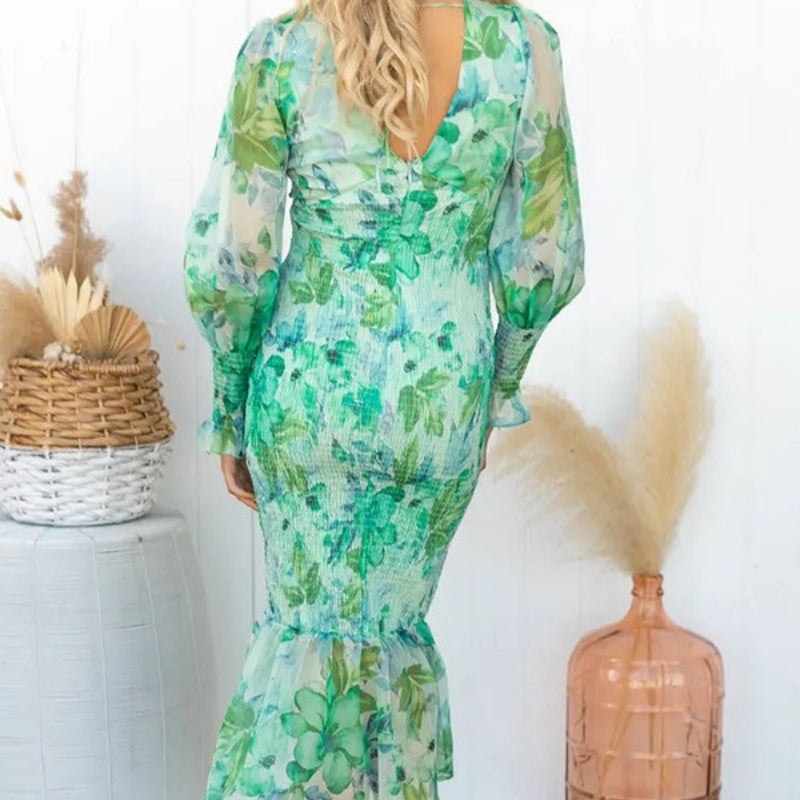 Women's Elegant Long Sleeve V-Neck Printed Ruffle Dresses