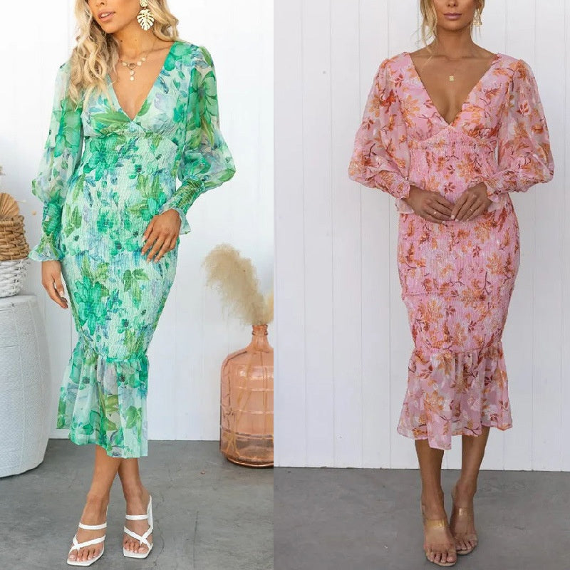 Women's Elegant Long Sleeve V-Neck Printed Ruffle Dresses
