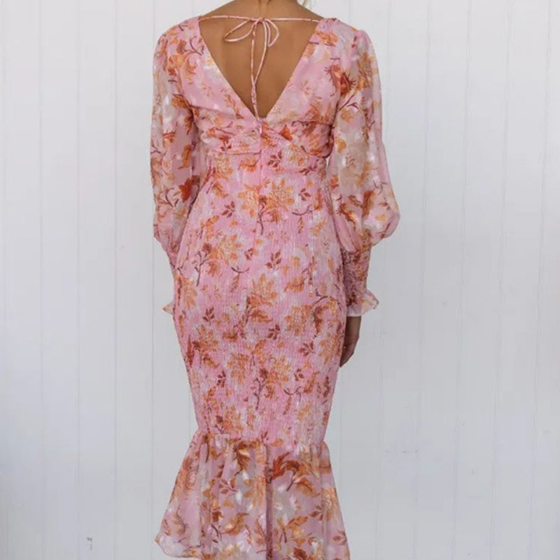 Women's Elegant Long Sleeve V-Neck Printed Ruffle Dresses