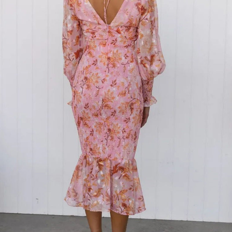 Women's Elegant Long Sleeve V-Neck Printed Ruffle Dresses